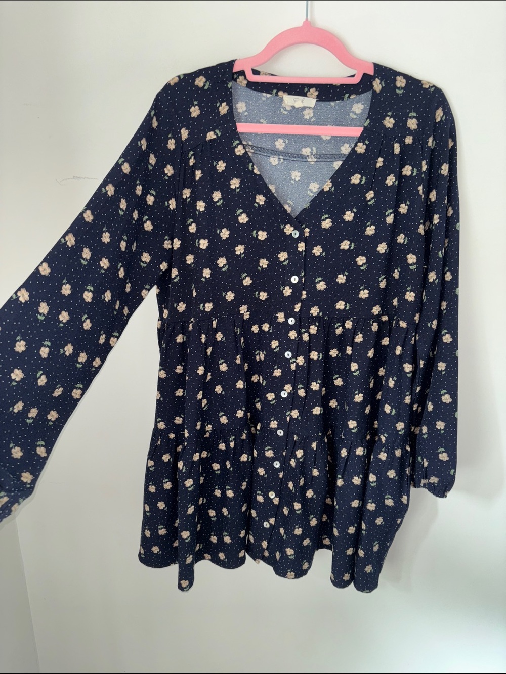 Easel Navy Floral Button-Front Tiered Dress, sz L